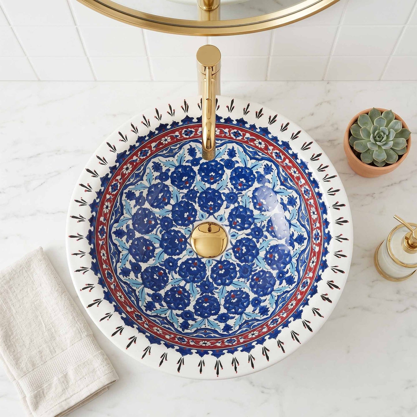 Sapphire Blossom Heritage Ceramic Vessel Sink, Handpainted Bathroom Basin