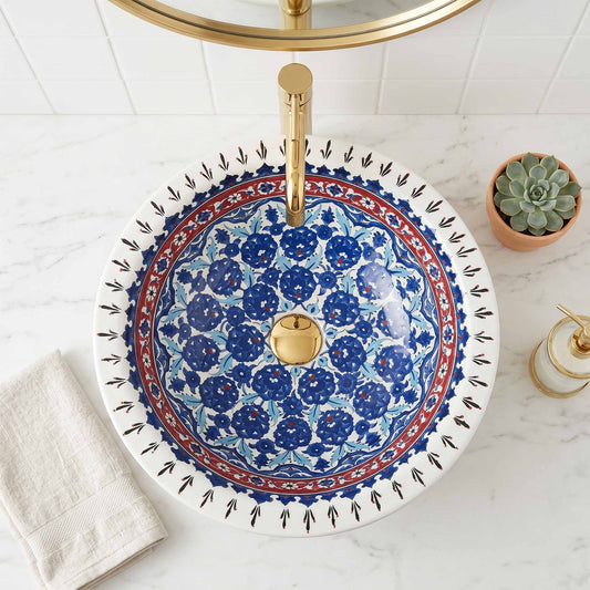 Sapphire Blossom Heritage Ceramic Vessel Sink, Handpainted Bathroom Basin