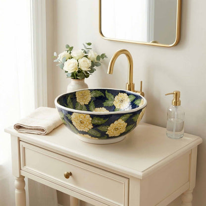 Golden Bloom Ceramic Vessel Sink, Handpainted Floral Bathroom Basin