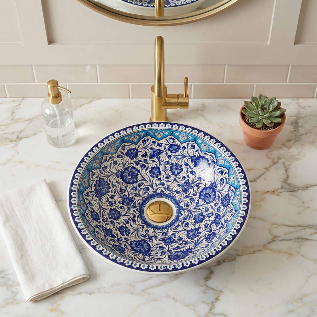 Azure Filigree Blossom Ceramic Vessel Sink, Handpainted Bathroom Basin