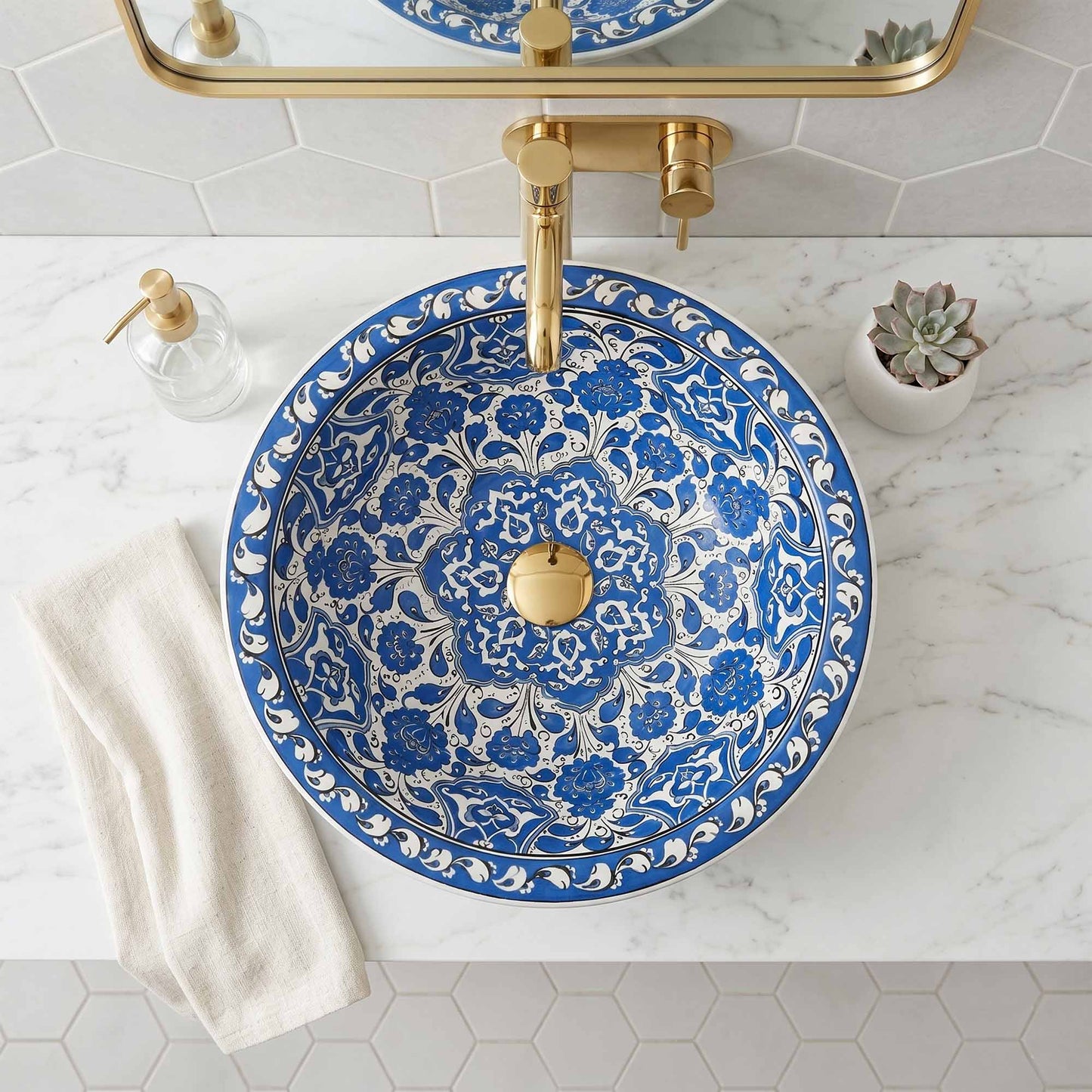 Azure Palace Floral Ceramic Vessel Sink, Handpainted Bathroom Basin