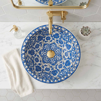 Azure Palace Floral Ceramic Vessel Sink, Handpainted Bathroom Basin