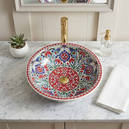 Ruby Garden Medallion Ceramic Vessel Sink, Handpainted Bathroom Basin