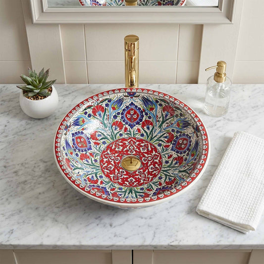 Ruby Garden Medallion Ceramic Vessel Sink, Handpainted Bathroom Basin