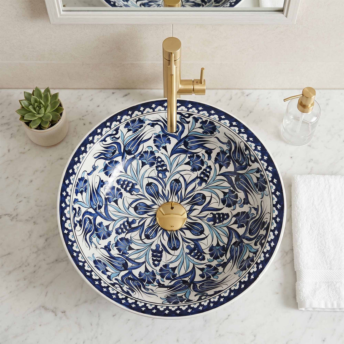 Midnight Tulip Symphony Ceramic Vessel Sink, Handpainted Bathroom Basin
