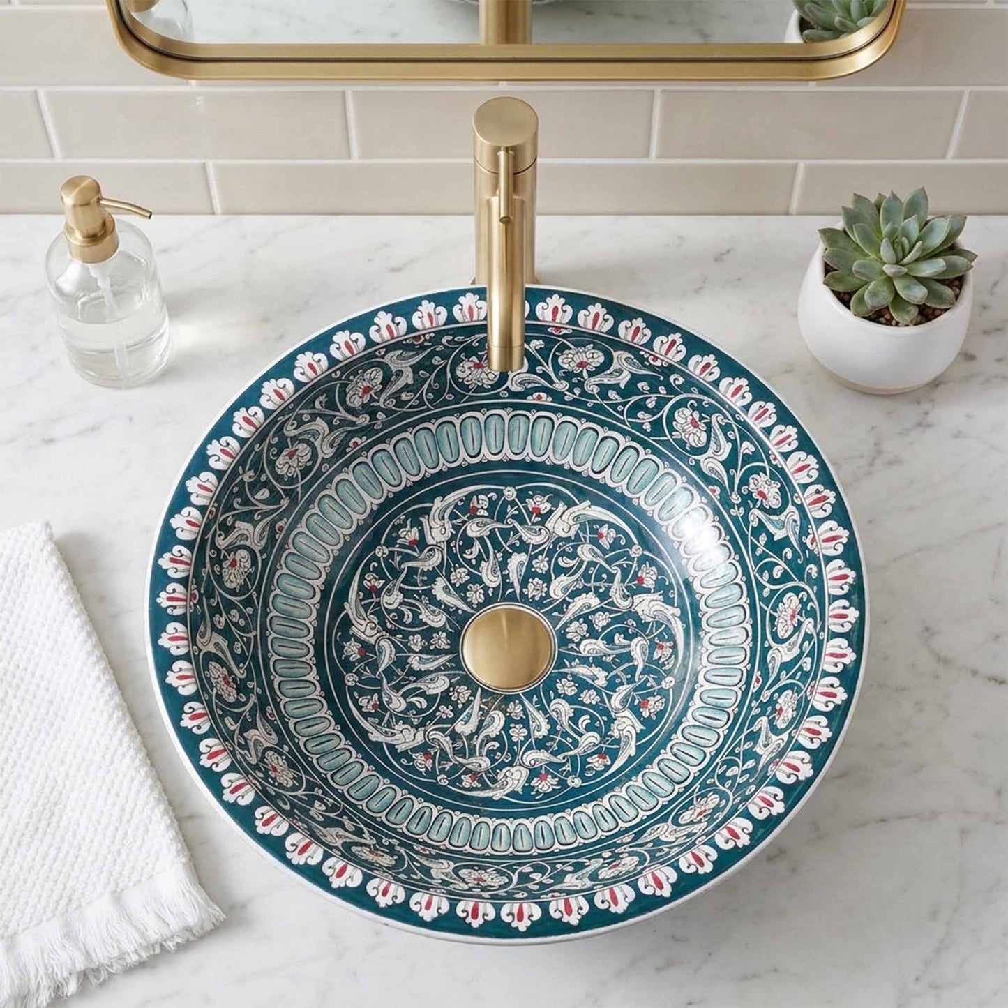 Verdant Arabesque Ceramic Vessel Sink, Handpainted Bathroom Basin