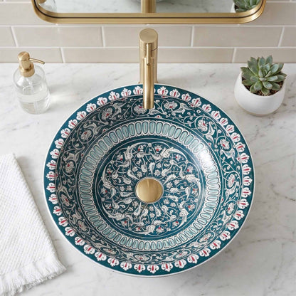 Verdant Arabesque Ceramic Vessel Sink, Handpainted Bathroom Basin