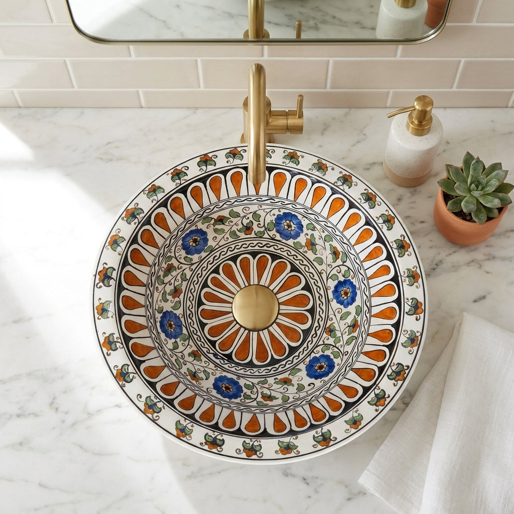 Tuscan Floral Artisan Ceramic Vessel Sink, Handpainted Bathroom Basin