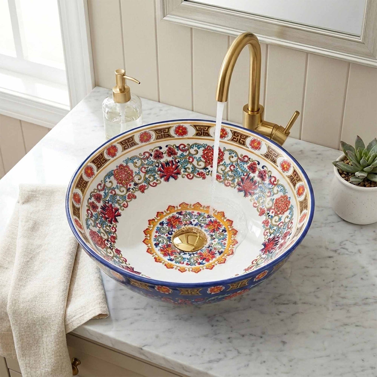 Imperial Sapphire Floral Ceramic Vessel Sink, Handpainted Turkish Bathroom Basin