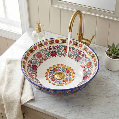 Imperial Sapphire Floral Ceramic Vessel Sink, Handpainted Turkish Bathroom Basin