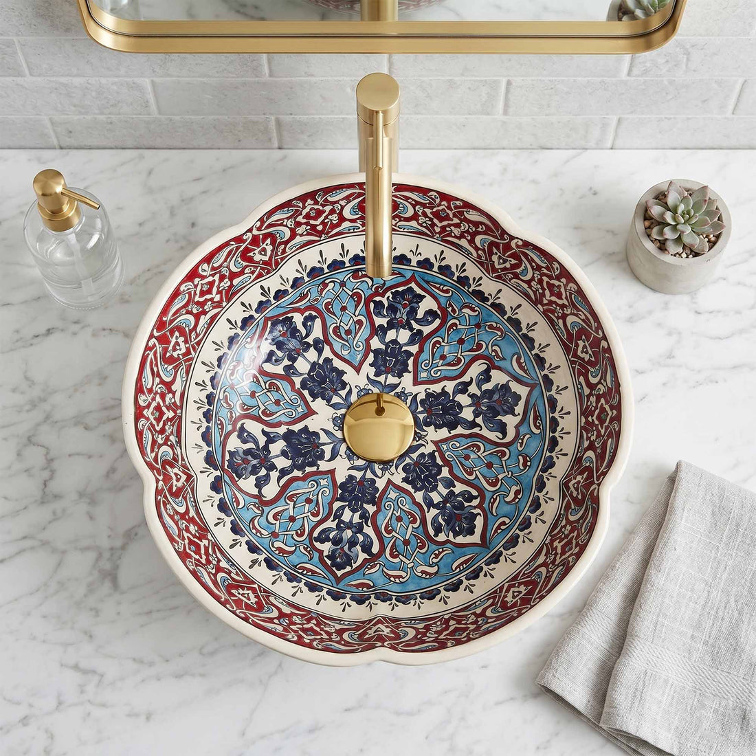 Ruby Mosaic Arabesque Ceramic Vessel Sink, Handpainted Bathroom Basin