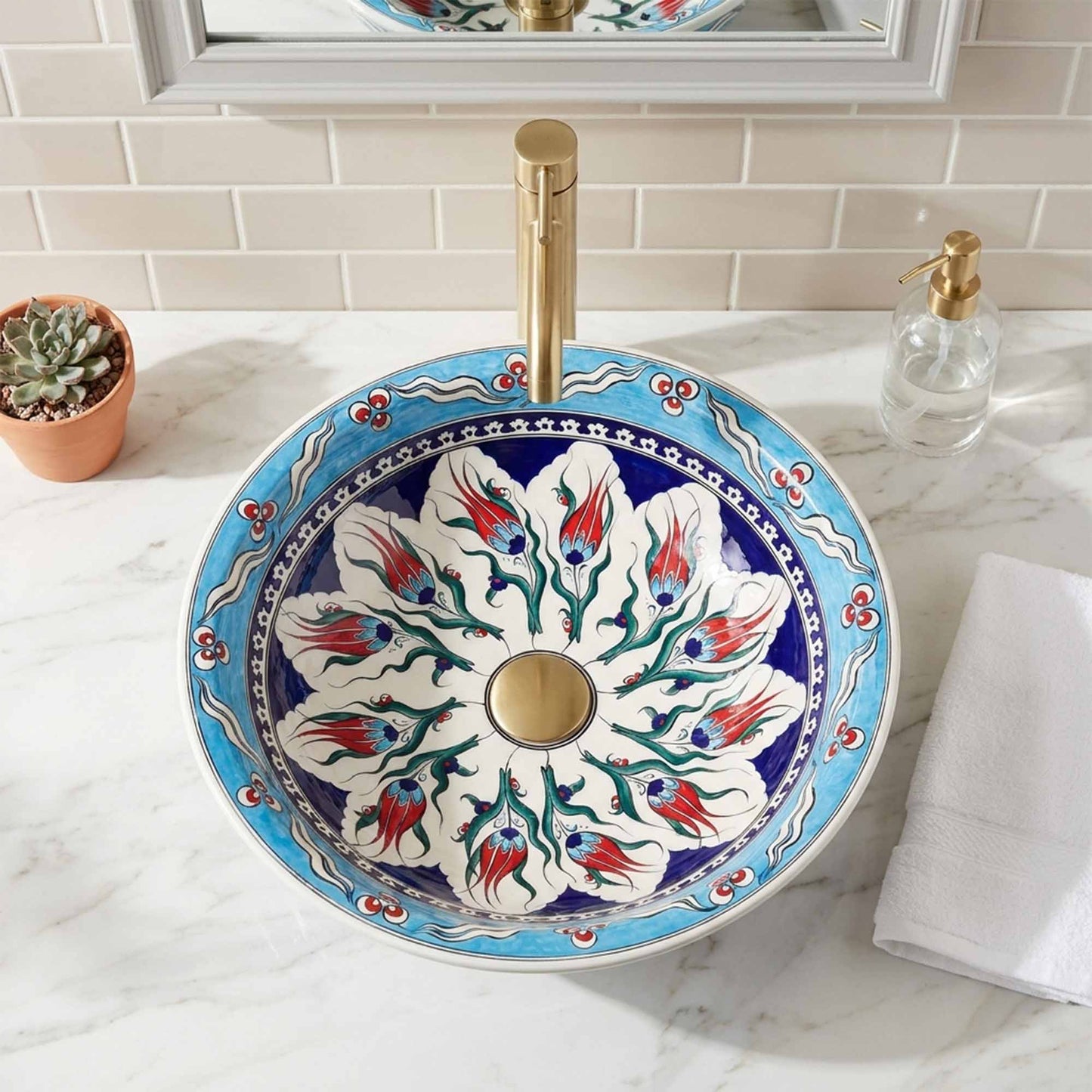 Sky Blossom Tulip Ceramic Vessel Sink, Handpainted Bathroom Basin