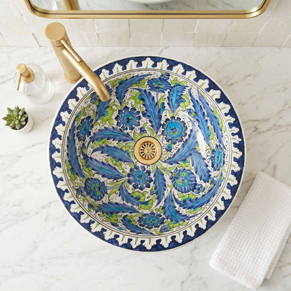 Sapphire Breeze Floral Ceramic Vessel Sink, Handpainted Bathroom Basin