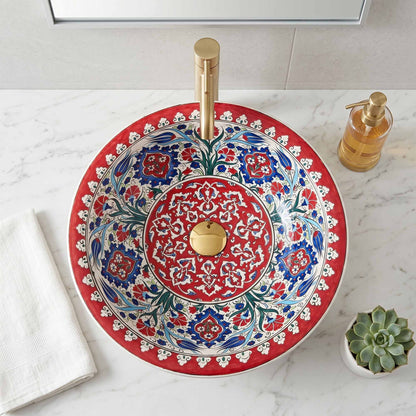 Ruby Garden Arabesque Ceramic Vessel Sink, Handpainted Bathroom Basin