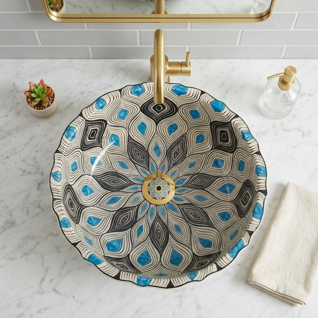 Blue Peacock Feather Pattern Ceramic Vessel Sink, Handpainted Bathroom Basin