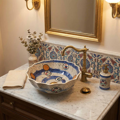 Aegean Wave Ceramic Vessel Sink, Handpainted Scalloped Bathroom Basin