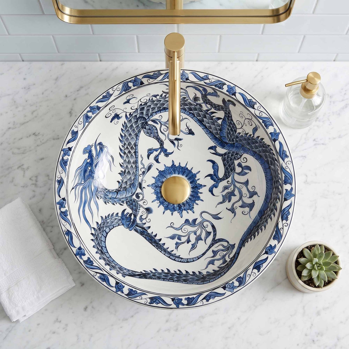 Azure Imperial Dragon Ceramic Vessel Sink, Handpainted Bathroom Basin