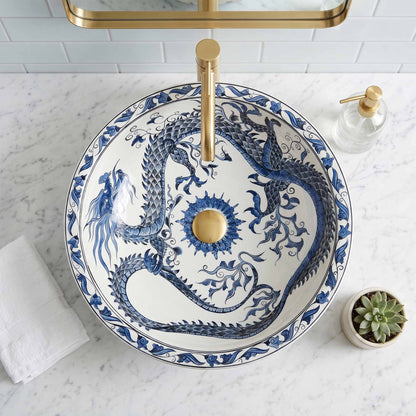 Azure Imperial Dragon Ceramic Vessel Sink, Handpainted Bathroom Basin