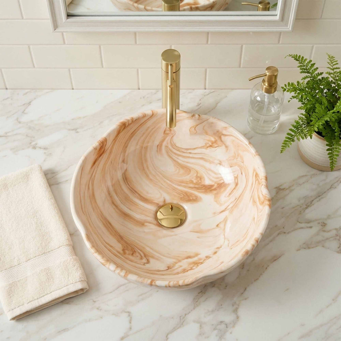 Golden Sand Marble Ceramic Vessel Sink, Handpainted Bathroom Basin