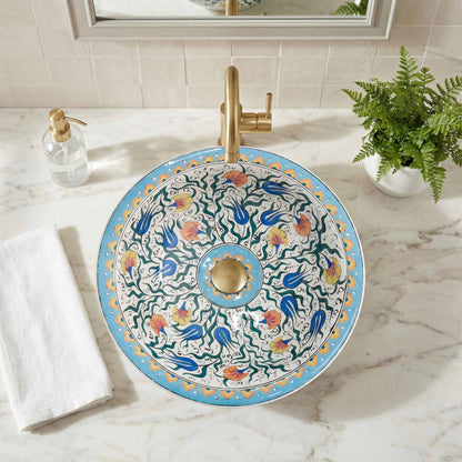 Sky Tulip Ceramic Vessel Sink, Handpainted Floral Bathroom Basin