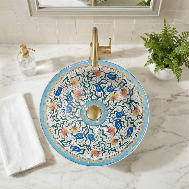 Sky Tulip Ceramic Vessel Sink, Handpainted Floral Bathroom Basin