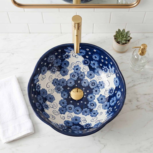 Moonlit Wildflower Ceramic Vessel Sink, Handpainted Bathroom Basin