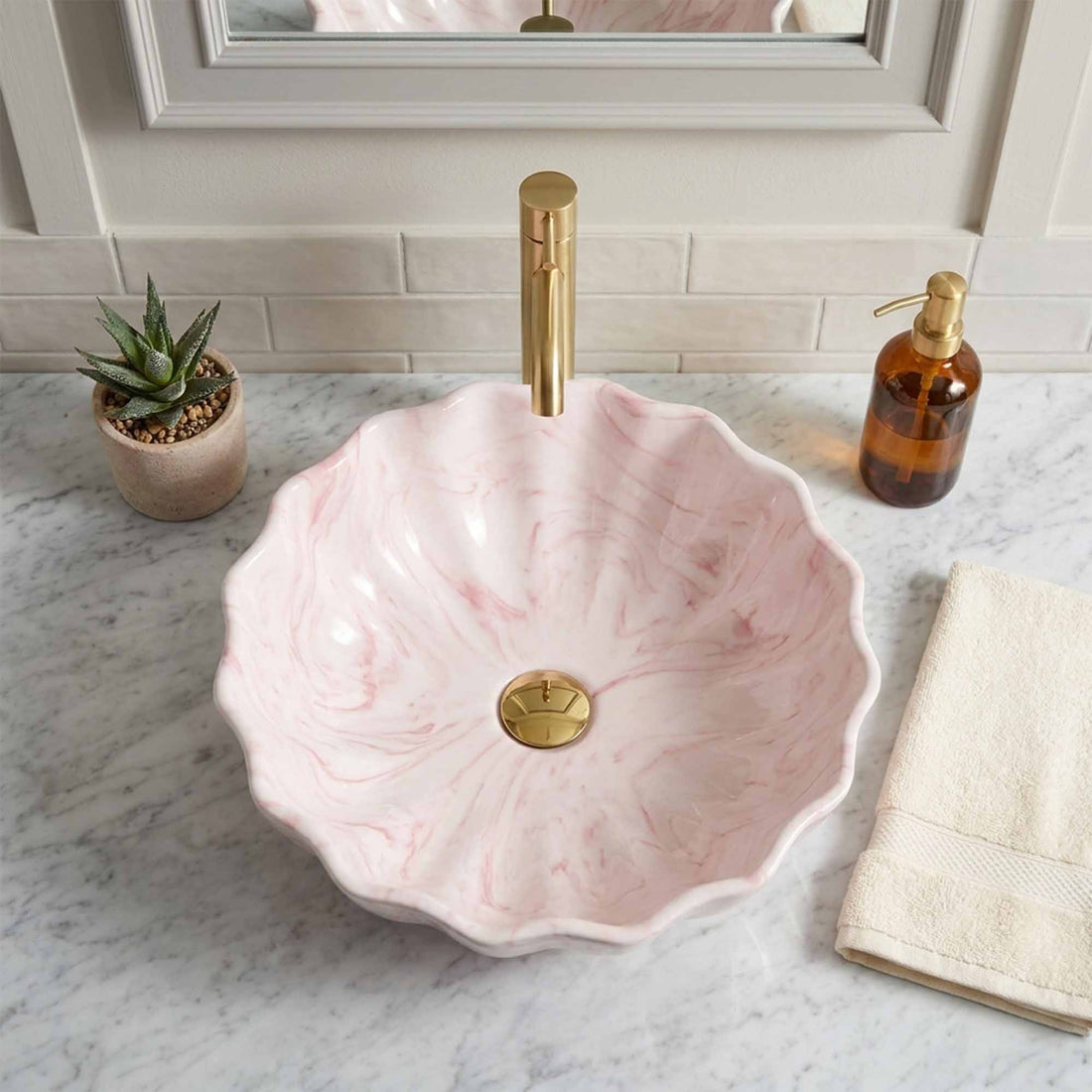 Blush Petal Marble Ceramic Vessel Sink, Handpainted Artistic Bathroom Basin
