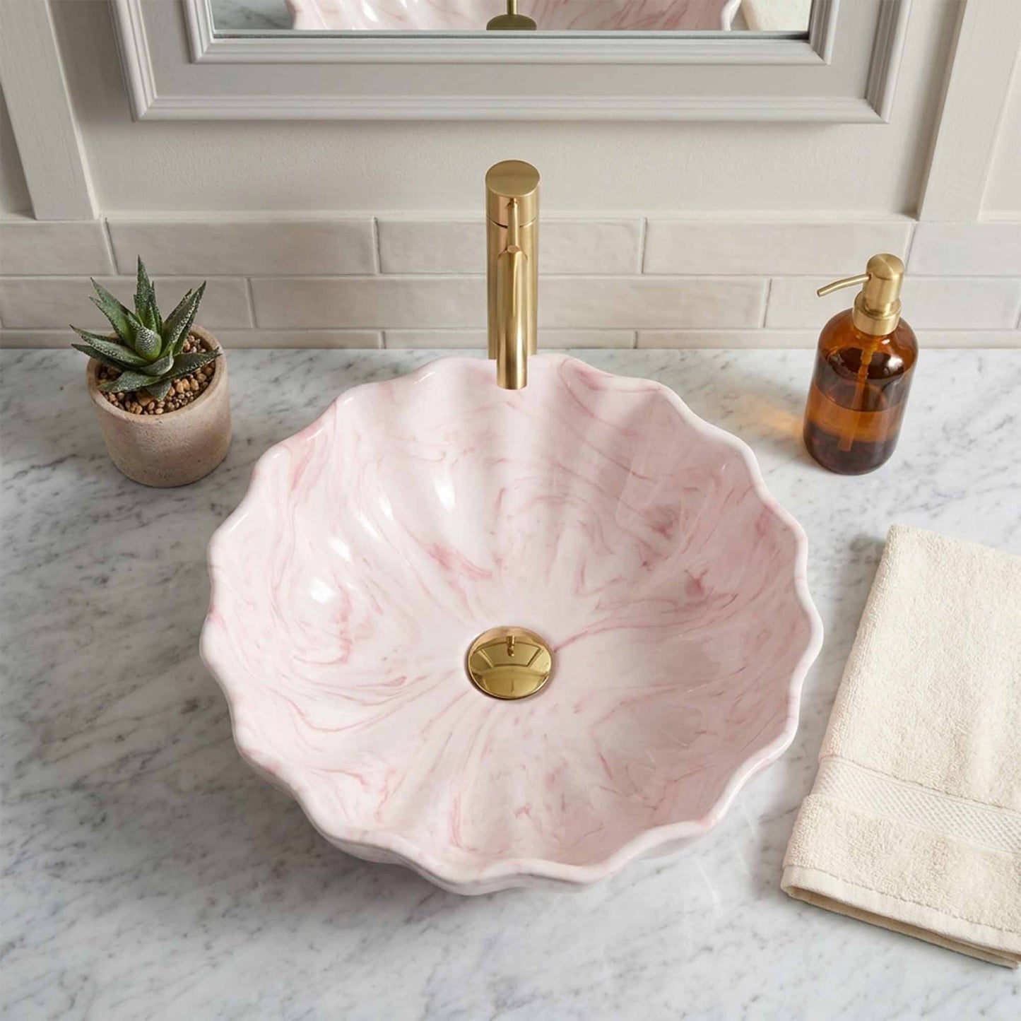 Blush Petal Marble Ceramic Vessel Sink, Handpainted Artistic Bathroom Basin