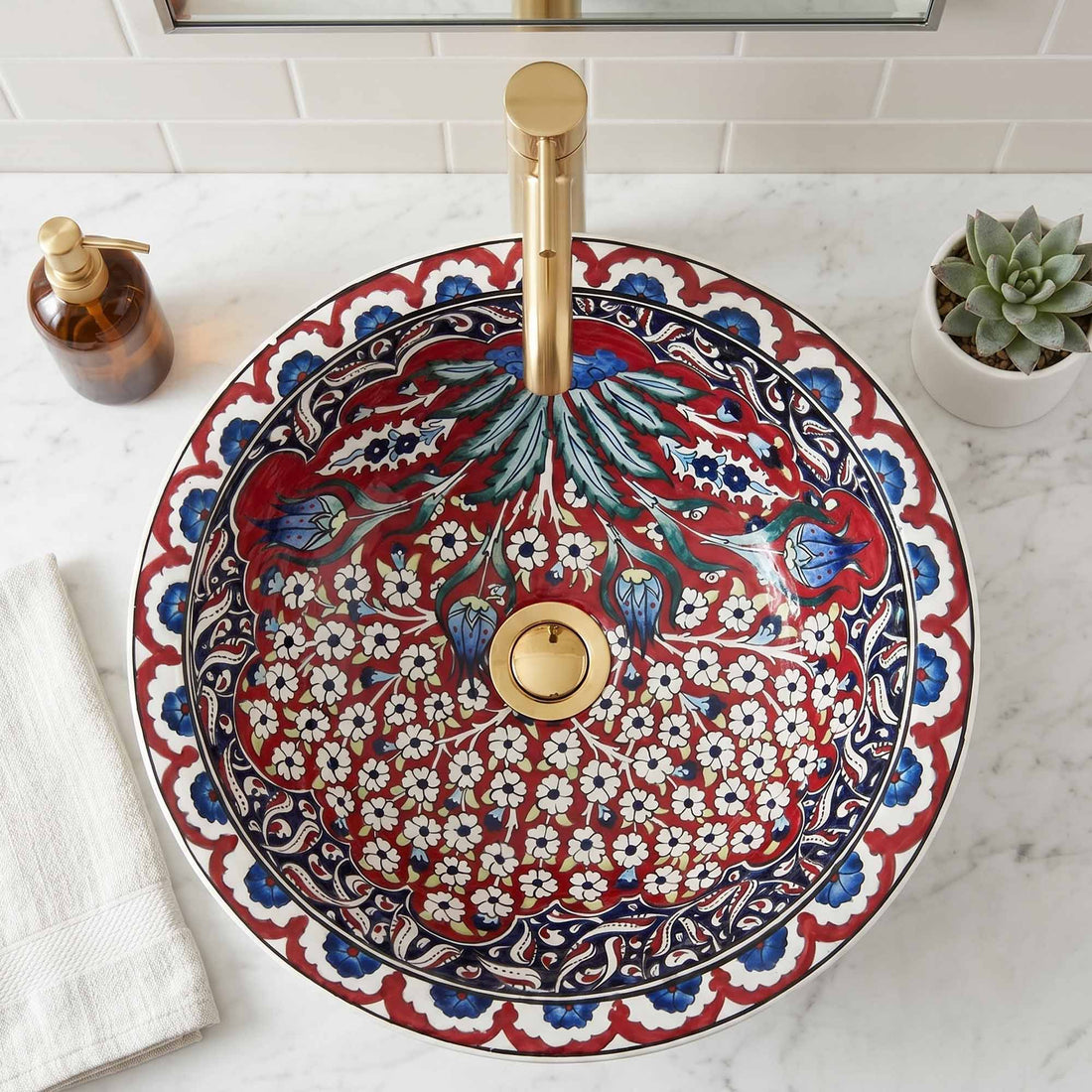 Crimson Tulip Garden Ceramic Vessel Sink, Handpainted Bathroom Basin