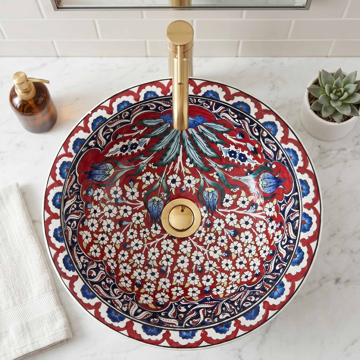 Crimson Tulip Garden Ceramic Vessel Sink, Handpainted Bathroom Basin