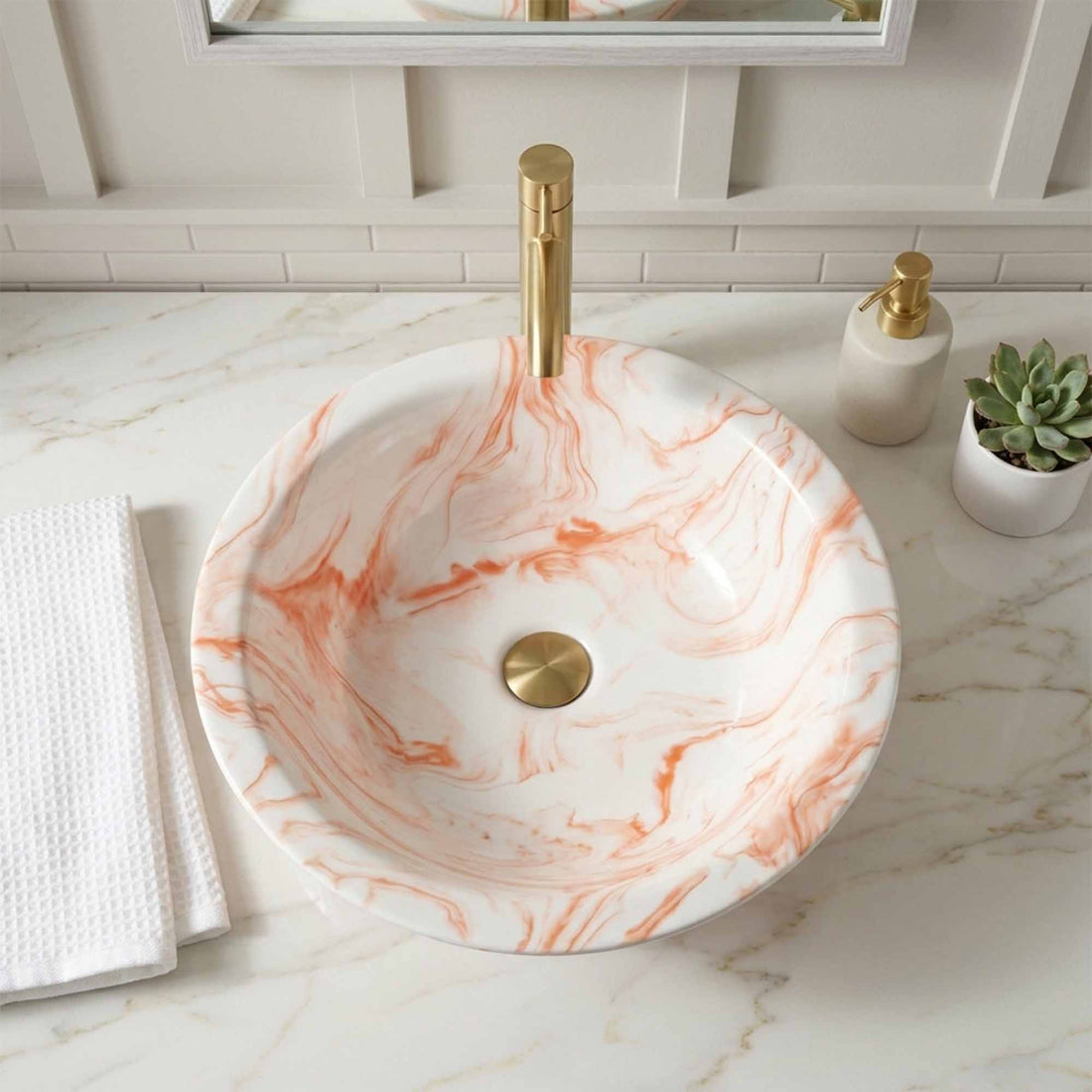 Blush Marble Swirl Ceramic Vessel Sink, Handpainted Bathroom Basin