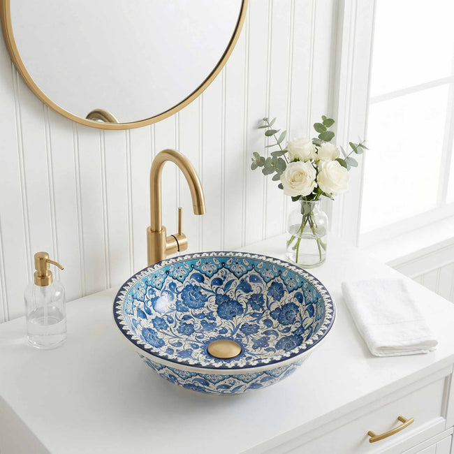 Azure Garden Ceramic Vessel Sink, Handpainted Blue Floral Bathroom Basin