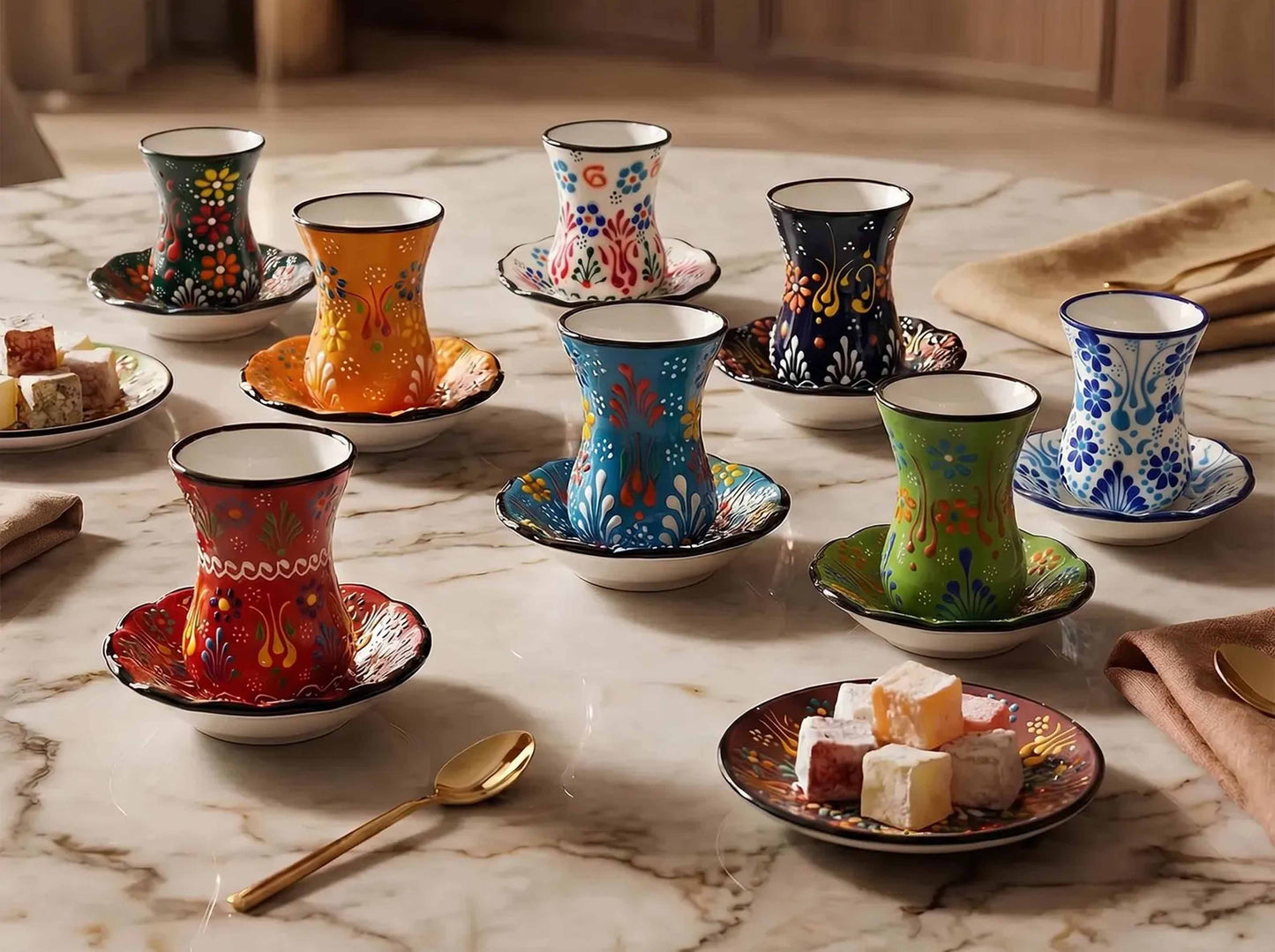 Colorful ceramic tea cups with saucers on a marble surface with pastries.