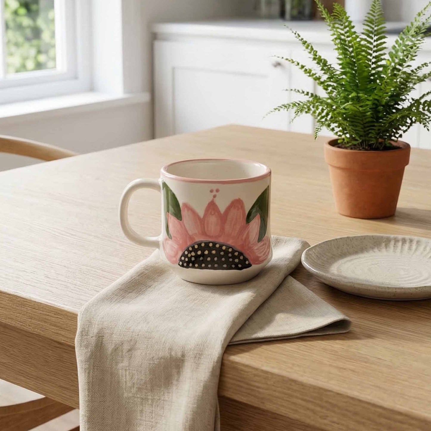 Decorative mug with floral design on a wooden table with a plant and plate.