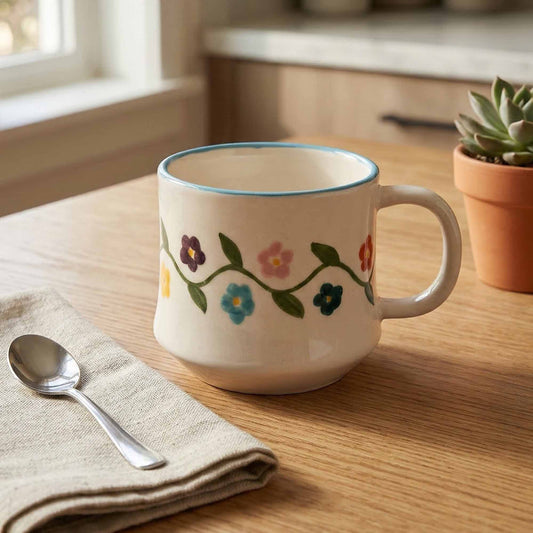 Decorative mug with floral patterns on a wooden table with a spoon and napkin.