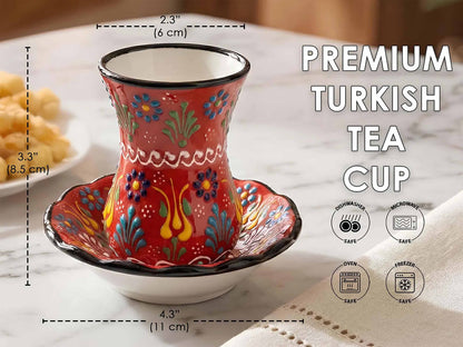 Decorative Turkish tea cup with floral patterns on a marble surface, with measurements and safety icons displayed.