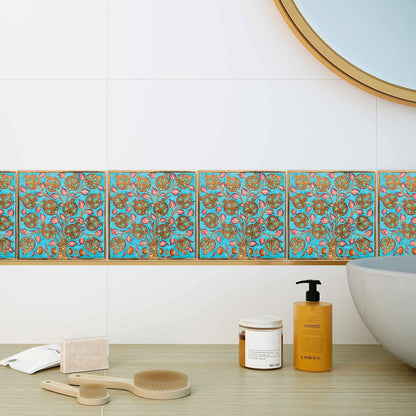 Bathroom with decorative ceramic tiles, toiletries, and a mirror.