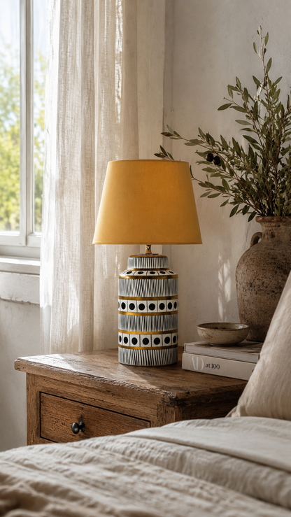 Black & White Ceramic Table Lamp with Gold Bands & Dots