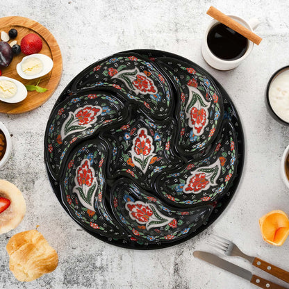 Black Turkish Floral – 8 Piece Ceramic Snack Serving Tray Set, Handmade Appetizer Platters - EVANILIFE