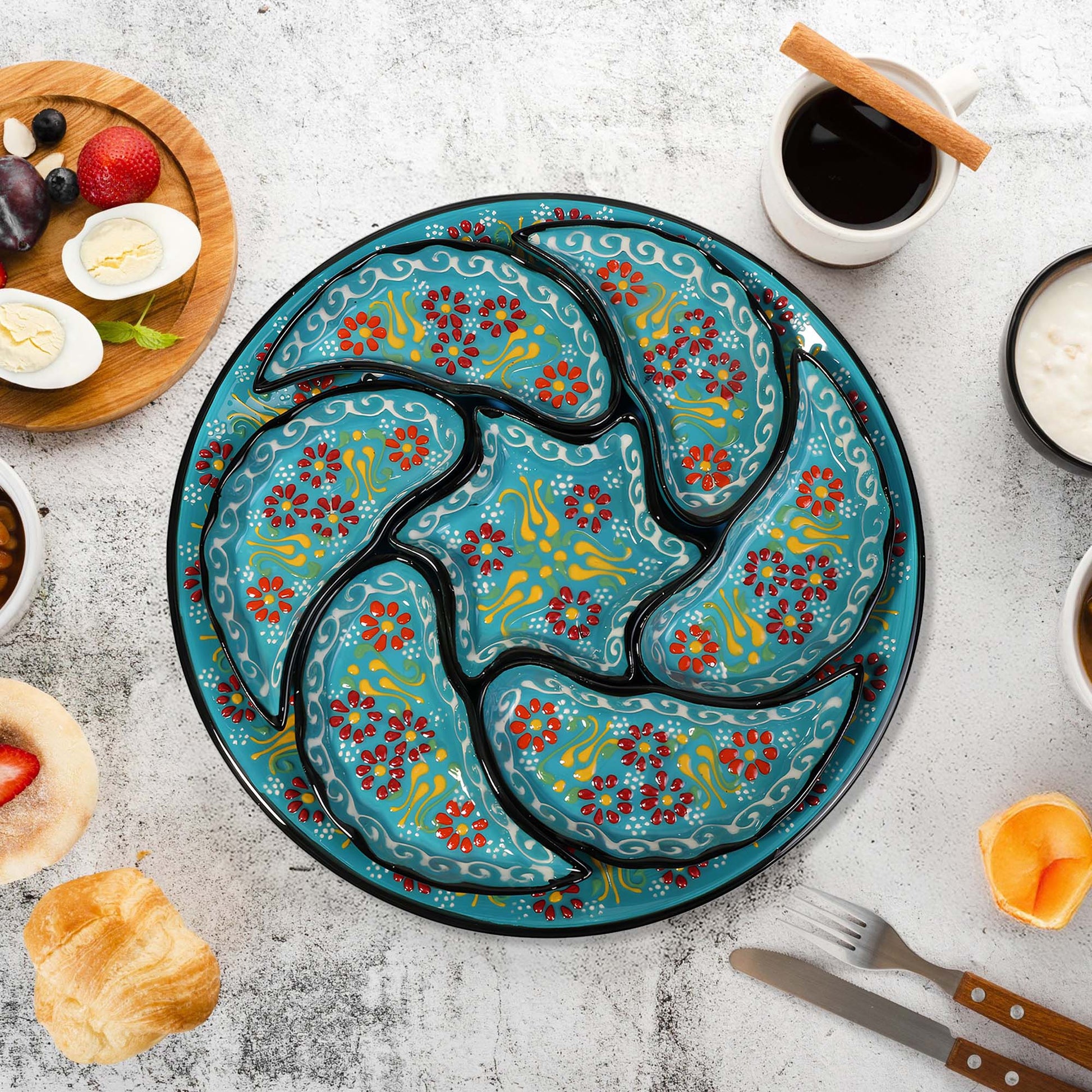 Turquoise Turkish floral ceramic snack serving tray set, 8-piece handmade platter with red and yellow floral motifs, artisan appetizer dish set