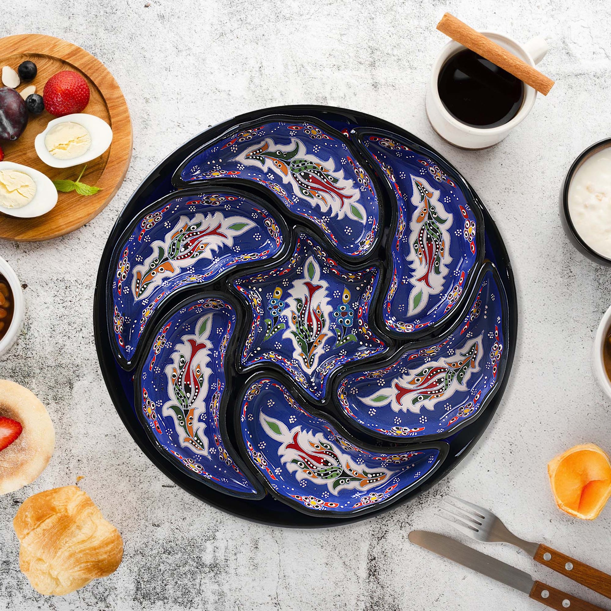 Blue Turkish floral ceramic snack serving tray set, 8-piece handmade platter with multicolor motifs, artisan appetizer and nut dish set