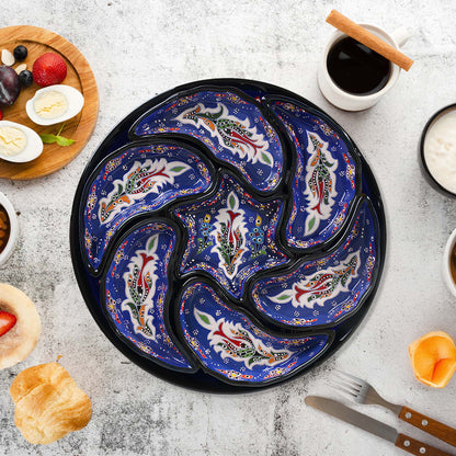 Blue Turkish floral ceramic snack serving tray set, 8-piece handmade platter with multicolor motifs, artisan appetizer and nut dish set