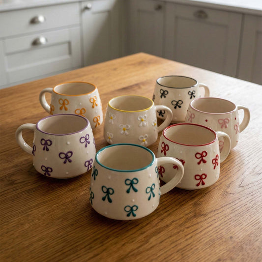 Set of ceramic mugs with colorful bow designs on a wooden table.