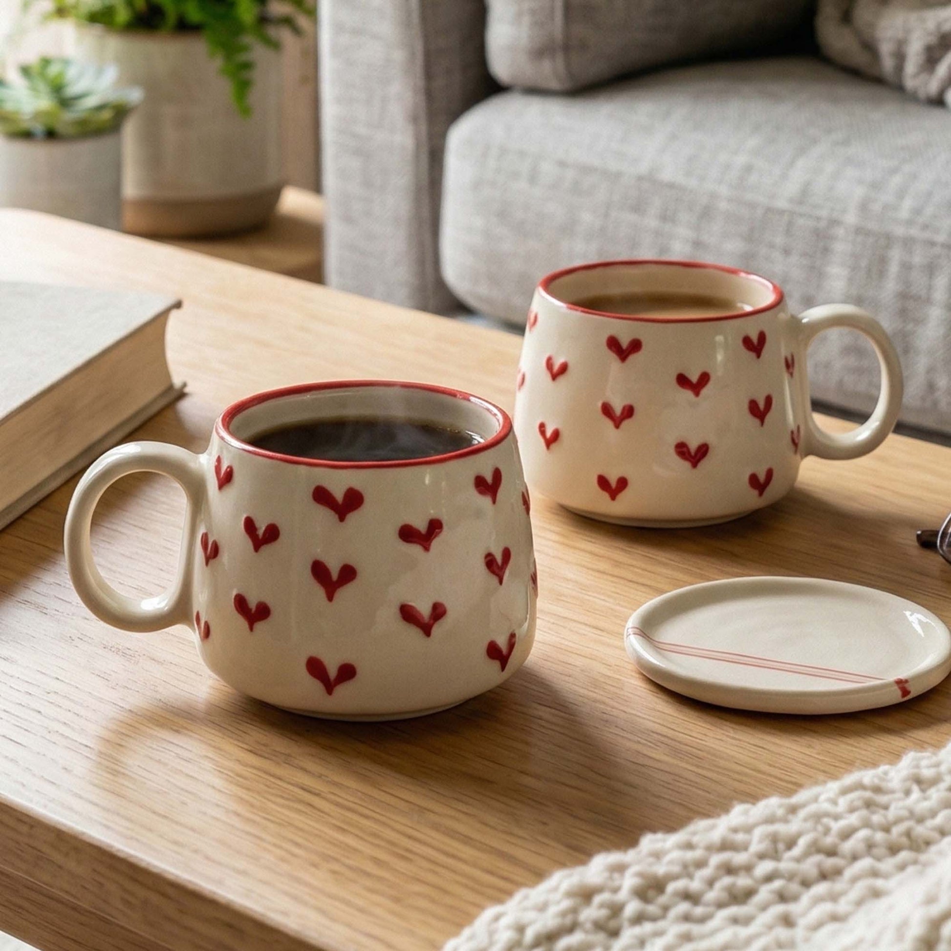 Two mugs with red heart patterns on a wooden table in a cozy living room setting.