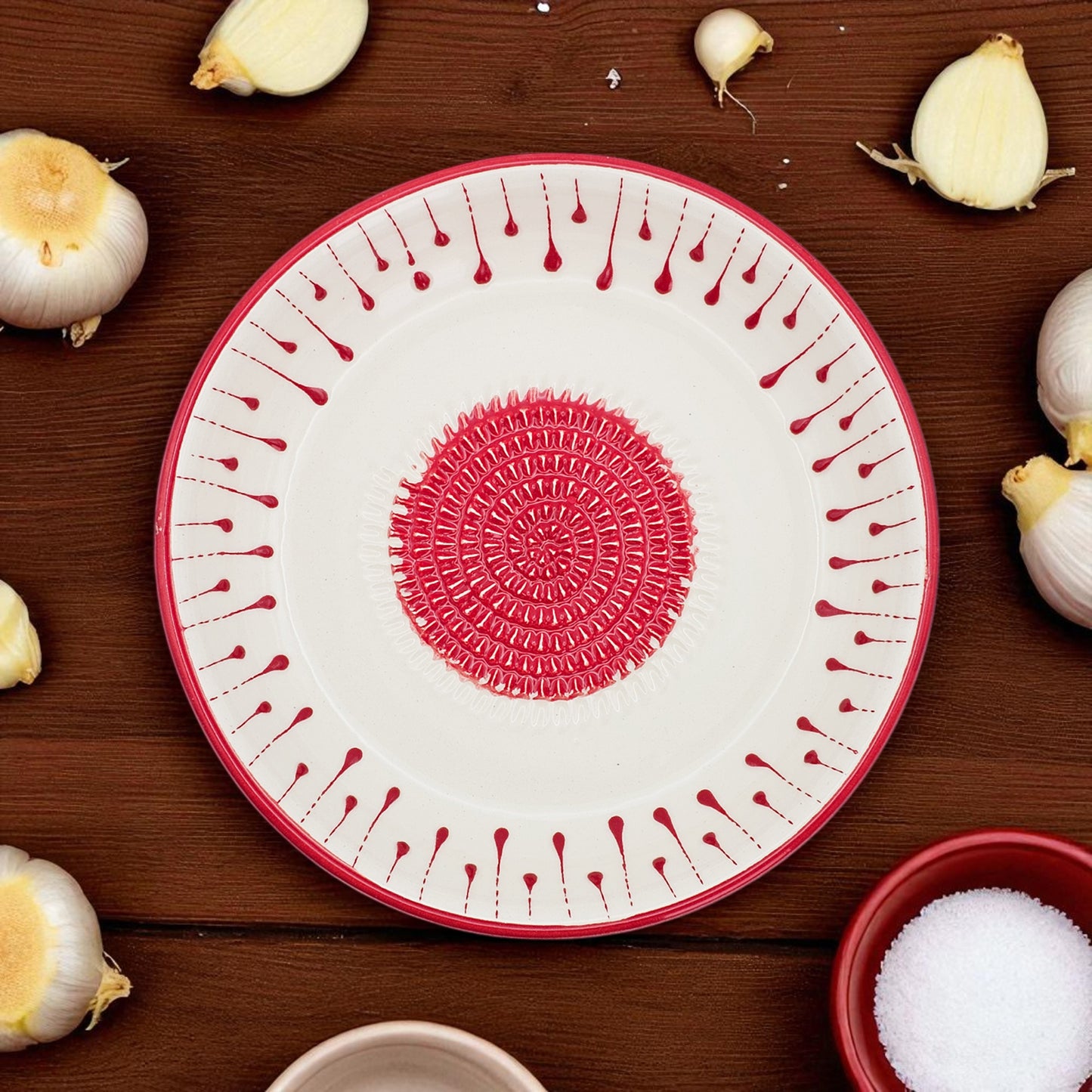 Garlic Grater Bowl, Red Drops Grater Plate, 7" Ceramic Garlic Grinder, Decorative Grater Bowl