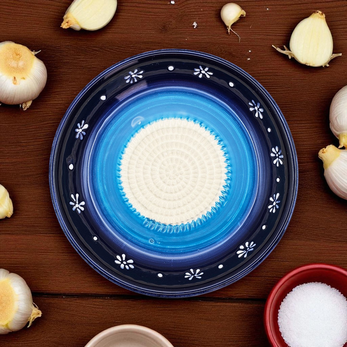 Garlic Grater Bowl, Daisy Blue Grater Plate, 7" Ceramic Garlic Grinder, Decorative Grater Bowl