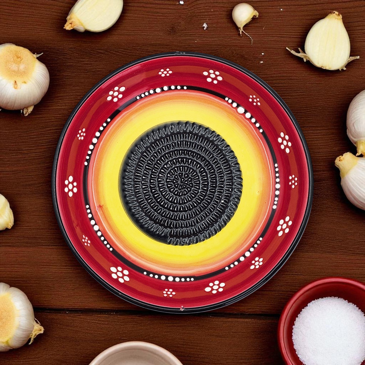 Garlic Grater Bowl, Daisy Red Grater Plate, 7" Ceramic Garlic Grinder, Decorative Grater Bowl