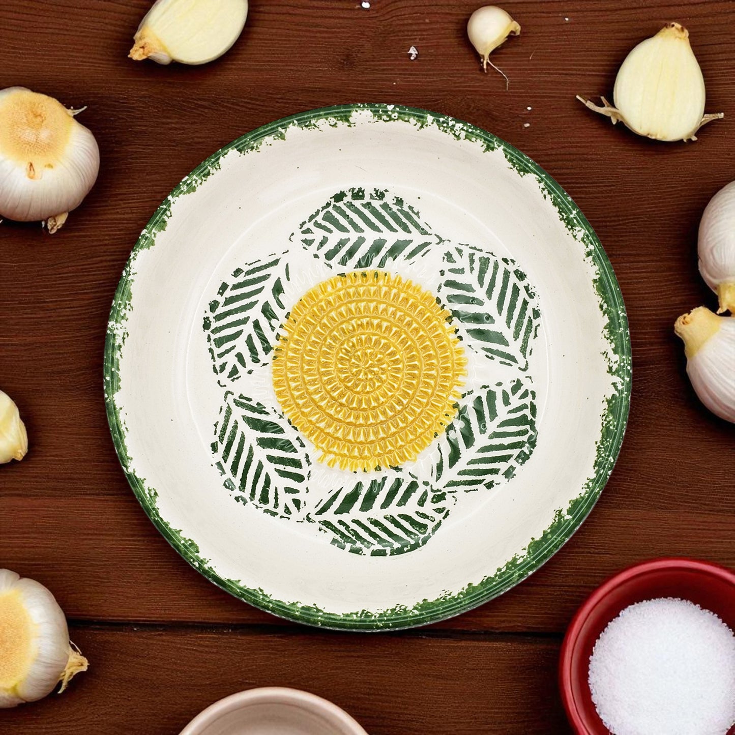 Garlic Grater Bowl, Tropical Green Plate, 7" Ceramic Garlic Grinder, Decorative Grater Bowl