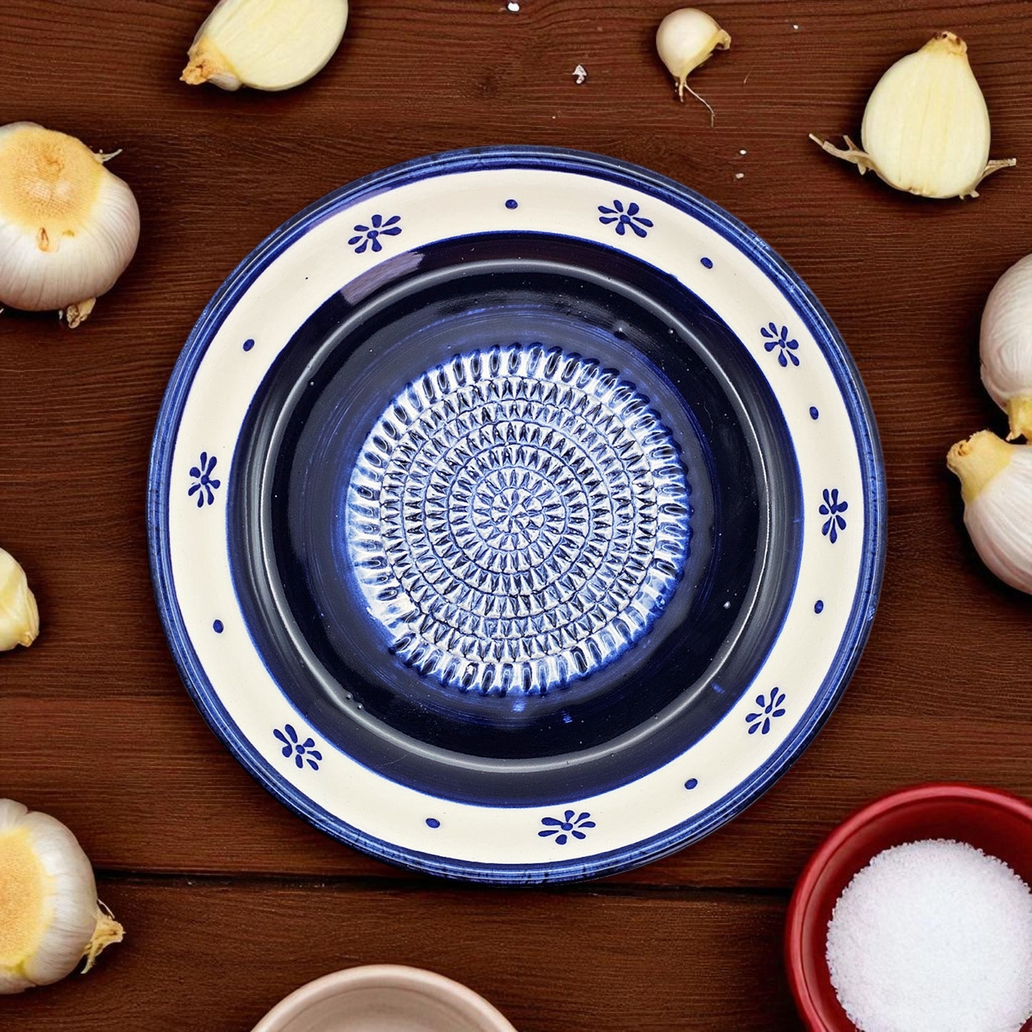 Garlic Grater Bowl, Daisy Navy Grater Plate, 7" Ceramic Garlic Grinder, Decorative Grater Bowl