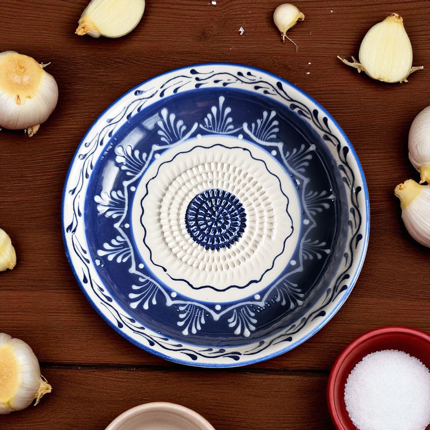 Garlic Grater Bowl, Sultan Blue Grater Plate, 7" Ceramic Garlic Grinder, Decorative Grater Bowl
